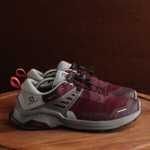 Salomon Sneakers Womens SZ 7.5 Gray Red X Raise GoreTex Trail Running Low Shoes